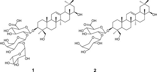 Figure 2. Chemical structure of soyasaponin I (1) and IV (2).