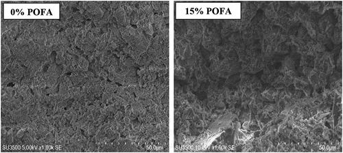 Figure 12. SEM images of bricks with 0% (left) and 15% (right) POFA content