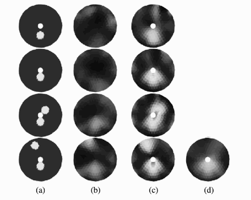 Figure 4 Reconstructed images for the second simulation: (a) true target, (b) reconstructions with EKF, (c) reconstructions with EKF-IE, and (d) reconstructions with mNR-IE.