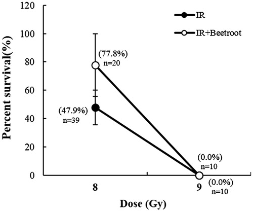 Figure 10. The effect of beetroot on the survival of lethally irradiated mice. Data shown are the cumulative values from three independent experiments. Numbers inserted below the percentages indicate the total number of mice in each group.