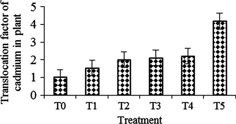 Figure 3.  Translocation factor of cadmium in Dyera costulata as influenced by different treatments. Growth media indicates soil mixing with different levels of cadmium, i.e. T0=Control/soil, T1=Soil + 25 ppm Cd, T2 =soil + 50 ppm Cd, T3=soil + 75 ppm Cd, T4 soil + 100 ppm Cd and T5=soil + 150 ppm Cd. Means±SE are shown in error bar (p = 0.05).