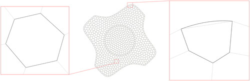 Figure 5. A curvilinear mesh and an internal, all-straight polygon (left) and a boundary, curvilinear polygon (right).