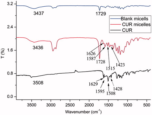 Figure 5. FT-IR spectrum of CUR, blank micelles and CUR micelles.