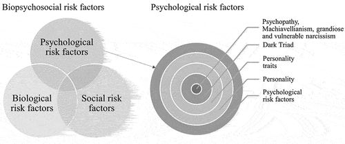 Figure 1. Biopsychosocial risk of addiction model, with Dark Triad positioning. Adapted from the biopsychosocial model of substance use problems (The Centre for Addiction and Mental Health (CAMH), Citation2020).
