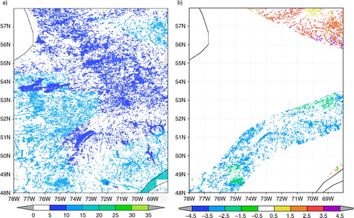 Fig. 8 Lake mean water temperature, °C, for the second decade of August, if the lake depth is extracted from GLDBv.2 (a), and the difference, if the lake depth from GLDBv.1 is used (b).