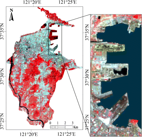 Figure 6. Newly reclaimed region for Yantai Port and related industries, shown in dark red in the left map and magnified in the right.