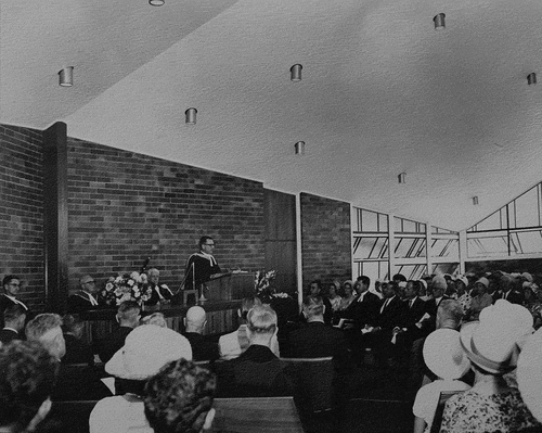 Figure 17. The interior of St Luke’s Presbyterian Church, Wavell Heights (1966), designed by Cross and Bain, during the opening service (photographer: L. & D. Keen Pty Ltd, 1966, courtesy Wavell Heights Presbyterian Church).
