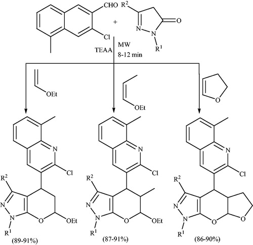 Scheme 125. Synthesis of quinolylpyrano[2,3-c]pyrazoles under microwave irradiation.