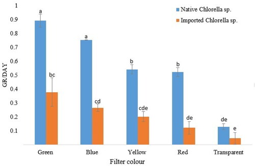 Figure 3. Growth rate comparisons of the native and imported Chlorella sp. under green, blue, yellow, red and transparent light filters. Values are means ± SD. Different letters above bars indicate statistically significant differences.