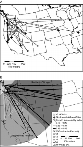 Figure 4 (A) Interpolated flight-paths for Southwest Airlines connecting to cities in the northwest United States, and (B) flight-path vulnerability for Southwest Airlines' interpolated flight paths. PAW=percentage of annual winds.