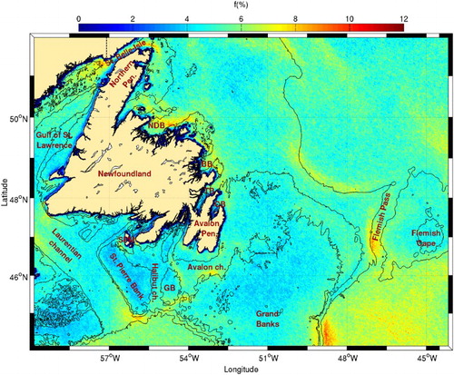 Fig. 5 Mean frontal frequency (1986–2010) for the Newfoundland Shelf. The 100 and 1000 m isobaths are shown. Locations of the Strait of Belle Isle, the Northern and Avalon peninsulas, the Gulf of St. Lawrence, Laurentian, Avalon, and Halibut channels, St. Pierre Bank, Grand and Green (GB) banks, Saint-Pierre et Miquelon islands (SPM) along with Notre Dame (NDB), Bonavista (BB), Trinity (TB), and Conception (CB) bays are shown.