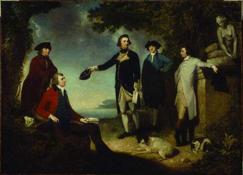 Figure 1  Painting of Captain James Cook, Sir Joseph Banks (second from left), Lord Sandwich, Dr Daniel Solander (second from right) and Dr John Hawkesworth by John Hamilton Mortimer 1740–1779, National Library of Australia, an7351768.