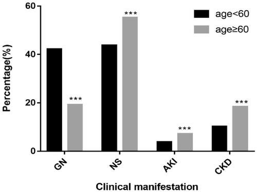 Figure 2. Clinical manifestations of renal biopsy in different age groups. *p < .05, **p < .01, ***p < .001 vs non elderly group by Chi-square test. Abbreviations: GN, glomerulonephritis; NS, nephrotic syndrome; AKI: acute kidney injury; CKD: chronic kidney disease.