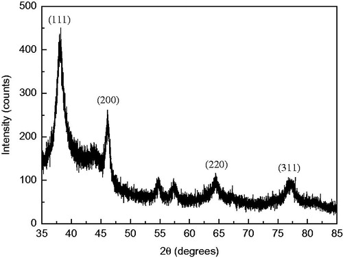Figure 3. X-ray diffraction pattern of the lyophilized Ag NPs synthesized from seed-derived callus extract of C. roseus.