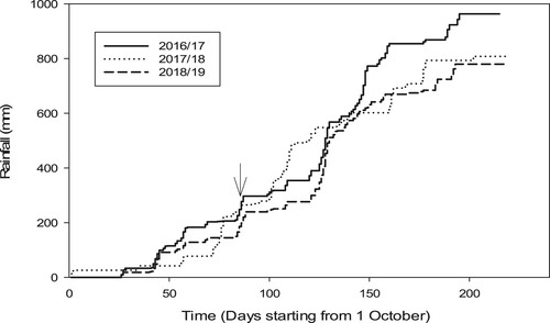 Figure 2. Cumulative rainfall distribution during the period of experimentation.