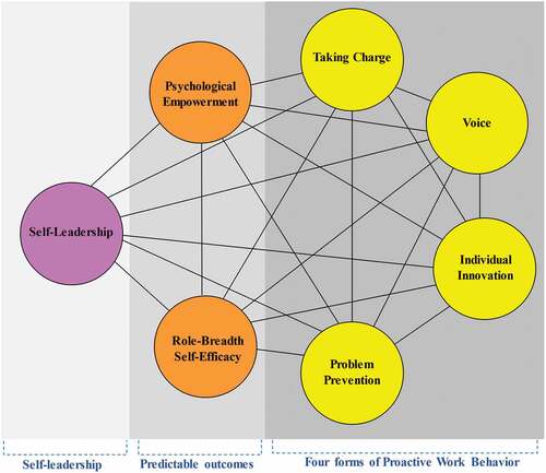 Figure 1. Application of the Performance Mechanism Model (Neck & Houghton, Citation2006) to the current network model linking self-leadership to PWB.