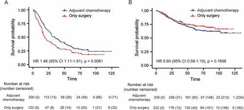 Figure 4. Survival curve based on the classifier for patients treated with adjuvant chemotherapy in the high-risk (a) and low-risk (b) groups.