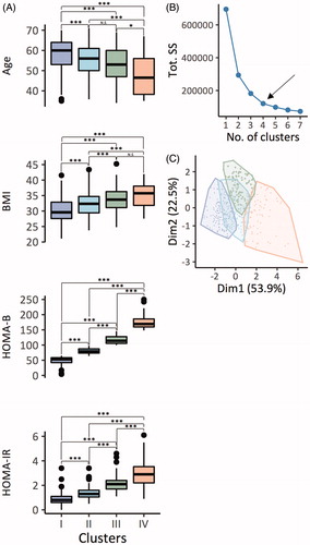 Figure 4. Distribution of MetS patients (n = 486) according to k-means clustering. (A) Pairwise comparison of age, BMI, HOMA-B and HOMA-IR between patients in the identified four clusters. The comparison was made using ANOVA with Tukey HSD post hoc correction for multiple testing. (B) The optimal number of clusters was chosen using the elbow-method. (C) Clustering of patients according to k means and principal component analysis. ***p< .001, **p< .01 and *p< .05. N.S: not significant. Tot. SS: total within the sum of squares. Dim1/2 = principal component 1/2.