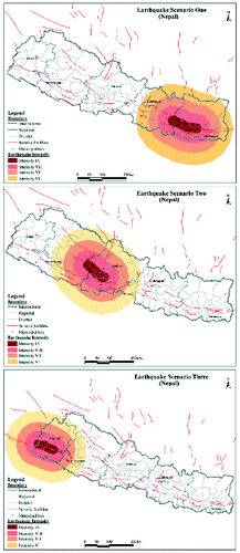 Figure 5. Three earthquake scenarios used to estimate damage potential of school buildings in Nepal. The most prominent faults of the region are considered as rupture line.