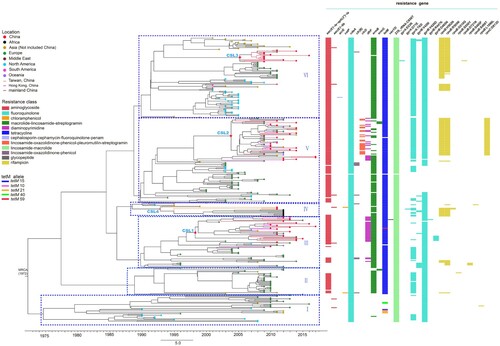 Figure 1. The evolution of the global 325 ST37 genomes through time was oriented by using a geotemporal model. Six major lineages were defined as lineages I–VI. C. difficile ST37 strains from China were clustered into four sublineages (CSL). Terminal nodes were coloured according to different countries or regions. The X axis was the isolation year. Coloured bars to the right of the phylogeny indicate the presence of 12 putative antibiotic resistance genes and 17 antibiotic resistance associated genes with different amino acid substitutions. The presence of the five tetM alleles (tetM 10, 15, 21, 40 and 59) was indicated by the coloured bars to the column of tetM.