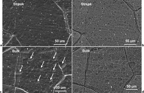 Figure 10. Images (SEM) of alloy substrate: a, b streak and c, d bulk regions. a, c are secondary electron images and b, d are corresponding backscattered electron images