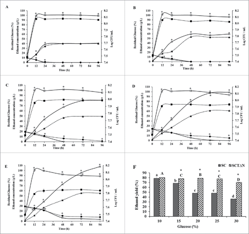 Figure 6. Ethanol production capacities of wild strain (SC) and engineered strain (SCTΔN). Ethanol concentration in g/L (triangle), biomass Log CFU/mL (square) and residual glucose concentration in % (circle) of SC (wild strain) (closed) and SCTΔN (tps1 overexpression and nth1 deleted strain) (open) grown in YP broth (10 g/L yeast extract, 20 g/L peptone) containing different concentrations of glucose. A: 10% glucose; B: 15% glucose; C: 20% glucose; D: 25% glucose; E: 30% glucose; F: Ethanol yield (%) after 96 h of incubation. Data are presented as the means ± SD (n = 3). *Significantly higher than the other group. One-way ANOVA, Student's t test, P < 0.05. Bar values of the ethanol yield (%) with the different letters (a, b, c, d for SC and A, B, C, D for SCTΔN) are significantly different. One-way ANOVA, Duncan's multiple range tests, P < 0.05.