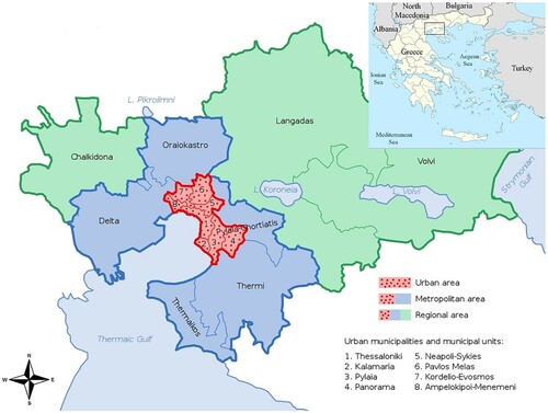 Figure 2. Urban, metropolitan and regional area of Thessaloniki with its self-governing municipalities, including Delta on the west and Thermi on the east side of the metropolitan area.Sources: Greece_2011_Periferiakes_Enotites.svg: Pitichinaccio derivative work: Philly boy92, CC BY-SA 3.0 https://creativecommons.org/licenses/by-sa/3.0, via Wikimedia Commons: https://commons.wikimedia.org/wiki/File:Thessaloniki_urban_and_metropolitan_areas_map.svg and Lencer, CC BY-SA 3.0 https://creativecommons.org/licenses/by-sa/3.0, via Wikimedia Commons: https://commons.wikimedia.org/wiki/File:Greece_location_map.svg