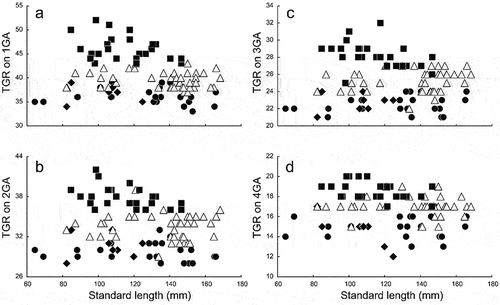Figure 9. Relationships of total gill-raker numbers (TGR) on (a) first gill arch (1GA), (b) second gill arch (2GA), (c) third gill arch (3GA), and (d) fourth gill arch (4GA) to standard length in Dussumieria elopsoides (closed diamonds), D. hasseltii (closed circles), D. productissima (closed squares), and D. modakandai (open triangles).