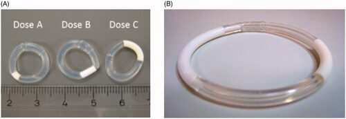 Figure 1. Intervaginal rings (IVR): (A) Monkey IVRs releasing ATZ; (B) Human IVRs releasing ATZ and LNG (54 mm diameter).