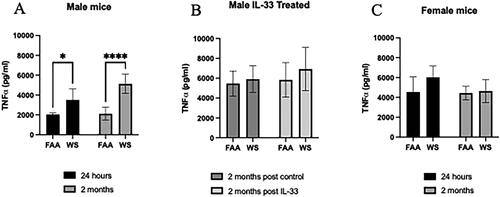 Figure 7. Ex vivo LPS stimulation of WS-exposed AM. Following exposure to WS or FAA, AM were isolated from both male and female mice by whole lung lavage. AM were aliquoted to 96-well plates at 1x105 cells/well and stimulated with LPS (10 ng/mL) for 24 h. Supernatants were assayed for TNFα. as illustrated in the figure, there was a significant (*p < 0.05; ***p < 0.001) increase in TNFα production from male WS-exposed AM at both 24 h and 2 months post exposure (a), but not in the IL-33 males at 2 months (B) or the female AM (C) (n = 4-8 ±sem).