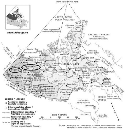 Fig. 1 Map of the territories, Canada; Yukon and Northwest territories circled by authors (modified from The Atlas of Canada: the territories, Natural Resources Canada) (Citation10).