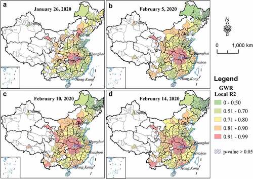Figure 5. Spatial distributions of local R2 in GWR models. The dependent variable is the accumulative confirmed COVID-19 cases in Chinese cities, and the explanatory variable is the total outflows from Wuhan to each city during January 1th – 24th, 2020. Both explanatory variable and dependent variable are in logarithm scales. Cities with non-significant (p > 0.05) coefficients are marked by oblique lines in blue.
