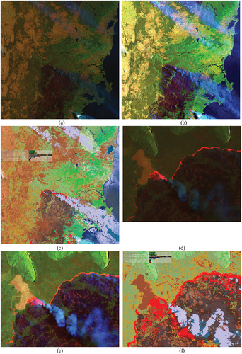 Figure 51. (a) False color quick-look Red-Green-Blue (RGB) Sentinel-2A Multi-Spectral Instrument (MSI) image Level-1C, calibrated into top-of-atmosphere reflectance (TOARF) values, depicting a surface area in SE Australia, acquired on 2019-12-31. In particular: R = Middle Infrared (MIR) = Band 11, G = Near Infrared (NIR) = Band 8, B = Visible Blue = Band 2. Spatial resolution: 10 m. No histogram stretching is applied for visualization purposes. (b) Same as Figure (a), followed by an Environment for Visualizing Images (ENVI, by L3Harris Geospatial) standard histogram stretching, applied for visualization purposes. (c) SIAM’s map of color names generated from Figure (a), consisting of 96 spectral categories (color names) depicted in pseudo-colors. Map of color names legend: Display full size, shown in Figure 50. (d) Zoom-in of Figure (a), where no histogram stretching is applied for visualization purposes. (e) Zoom-in of Figure (b), where an ENVI standard histogram stretching is applied for visualization purposes. (f) Zoom-in of the SIAM’s map of color names shown in Figure (c), consisting of 96 spectral categories (color names) depicted in pseudo-colors, see Figure 50.