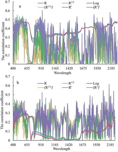 Figure 3. Correlation degree between soil reflectance and soil total nitrogen content after pretreatment of soil reflectance in wheat (a) and corn (b) seasons.