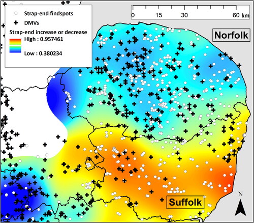 Fig 2 Contextualising recorded 13th- and 15th-century PAS strap-ends against Deserted Medieval Villages. Higher values or warmer colours in the choropleth relative risk surface indicate an increase in finds from the earlier to the later period, with lower values and cooler colours representing a decrease. Data: Historic England, PAS.