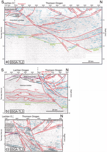 Figure 6. Reinterpretation of deep seismic reflection lines (a) 05GA-TL2, (b) 05GA-TL3, and (c) detailed view of the Lachlan–Thomson boundary in line 05GA-TL3. Interpretation of the middle and upper crust in the Lachlan Orogen is after Glen et al. (Citation2013). See Figures 1 and 4b for the position of seismic lines.