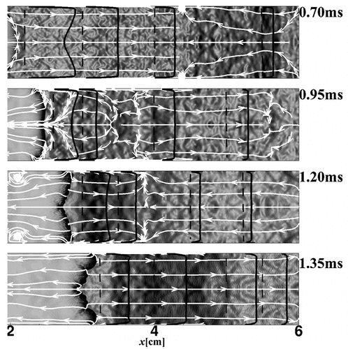 Figure 5. Axial velocity profiles (solid lines) in the flow ahead of the flame in different cross sections of the tube (L/D=6) shown by the dashed lines.