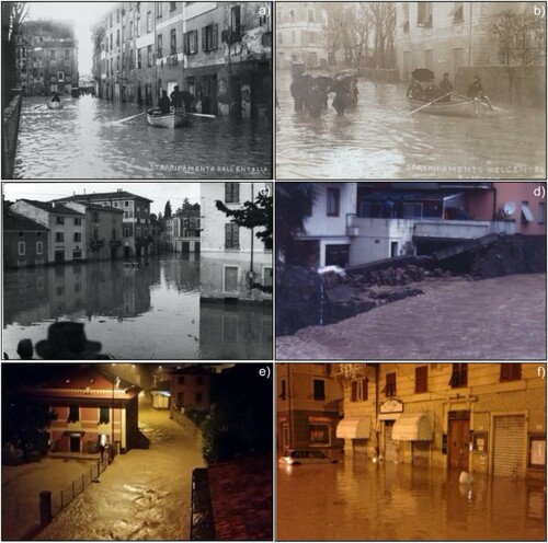 Figure 4. Historical and recent floods that affected the cities of Chiavari and Lavagna: (a,b) streets occupied by waters due to the Entella River flood on December 1910 (‘E. Migone’, photographer archive in Chiavari); (c) the east districts of Chiavari flooded by the Entella River on October 1953 causing one fatalities (Foto Web); (d) the flash flood of the Rupinaro Stream that caused one victim due the collapse of its bank on November 2002 (‘Il Secolo XIX’); (e) Lavagna and (f) Chiavari largely occupied by waters due to the synchronous flash flood of the Entella and Rupinaro rivers on November 2014 (‘Genova Today’).