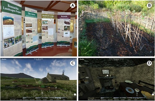 Figure 4. (a) Pop-up exhibition banners on display at the Bennachie Centre. Photo provided by Chris Foster. (b) The kailyard at Shepherd’s Lodge. Photo provided by Chris Foster (c) A still of the interpretation of the interior of Shepherd’s Lodge. (d) A still of the interpretation of Burnside Croft.