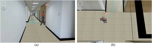 Figure 2. 3D visualization of a moving object. (a) Horizontal view. (b) Top view.