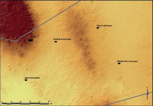 Fig. 10. Map showing all identified fortified EBA settlements in the Northern Badia (©W. Abu-Azizeh–DAI-Orientabteilung).
