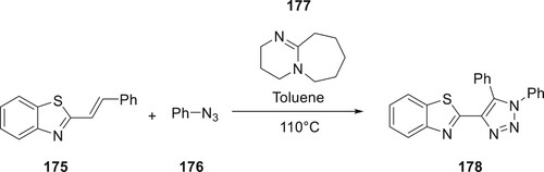 Scheme 39. Synthesis of 1,5-diaryl-4-benzothiazol-2-yl-1,2,3-triazoles using DBU as a catalyst.