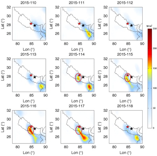 Figure 4. Spatial distribution of SLHF peaks compared to the background years during the 110–118 Julian days of 2015. Red star indicates the main earthquake event of 25 April 2015 and black star indicates aftershock event on 12 May 2015.