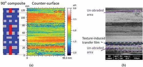 Figure 9. (a) Topographic image and (b) SEM image (BSE) of the counterface (initially textured) half-way through the wear test with composite oriented at 90°.