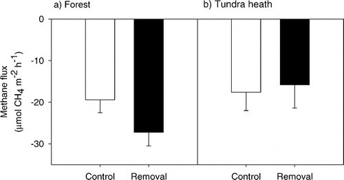 Figure 1 Methane fluxes in control plots and in plots where the top 50 mm of the organic horizon was removed, measured in (a) mountain birch forest and (b) tundra heath soils. Negative values indicate methane uptake by soils from the atmosphere. Mean values ± SE are shown.
