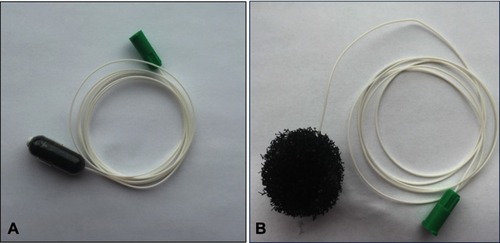 Figure 1 EsophaCap is an encapsulated sponge (A) attached to a tether (B).