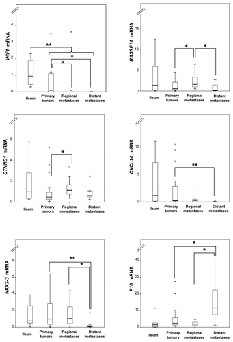 Figure 3. Relative mRNA expression levels determined by qRT-PCR for selected loci in normal ileum references and tumor subgroups. Fold changes are represented as compared with the mean of ileum (assigned the arbitrary value of 1). P values for statistical comparisons between groups are indicated for suggestive P values ≤ 0.050 (*) or ≤ 0.01 (**).