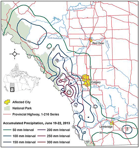 Figure 3. The accumulated precipitation for 19–22 June 2013 in Alberta – calculations and map provided by Alberta Environment and Sustainable Resource Development, Edmonton. Used with permission of Alberta Environment and Parks.