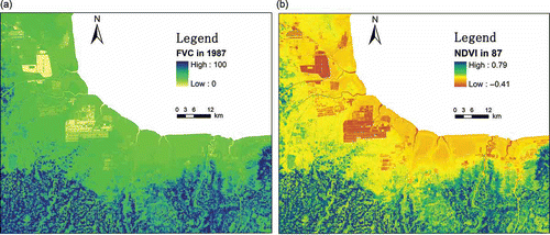 Figure 4. The spatial distribution of the (a) FVC and (b) NDVI.
