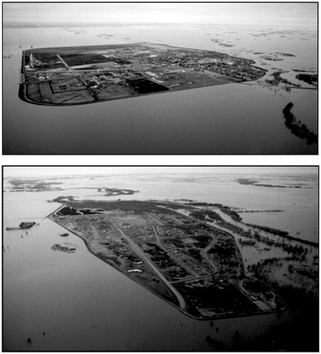 Figure 12. Ring dikes around (a) Morris, Manitoba, and (b) Roseau River First Nation.
